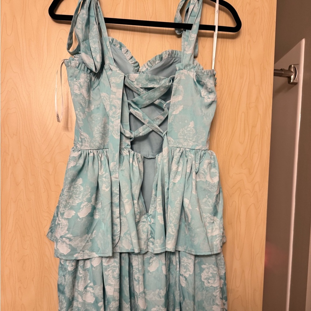 Lulus | Lovely Bliss Aqua Floral Jacquard Strapless Bustier Midi Dress Blue - Picture 6 of 10
